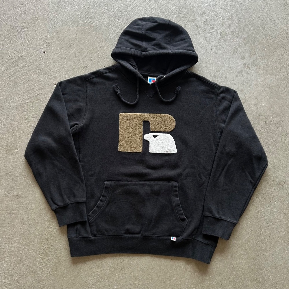 Vintage Russell Athletic Sweatshirt Size Large Black Hoodie Big Logo Drawstring